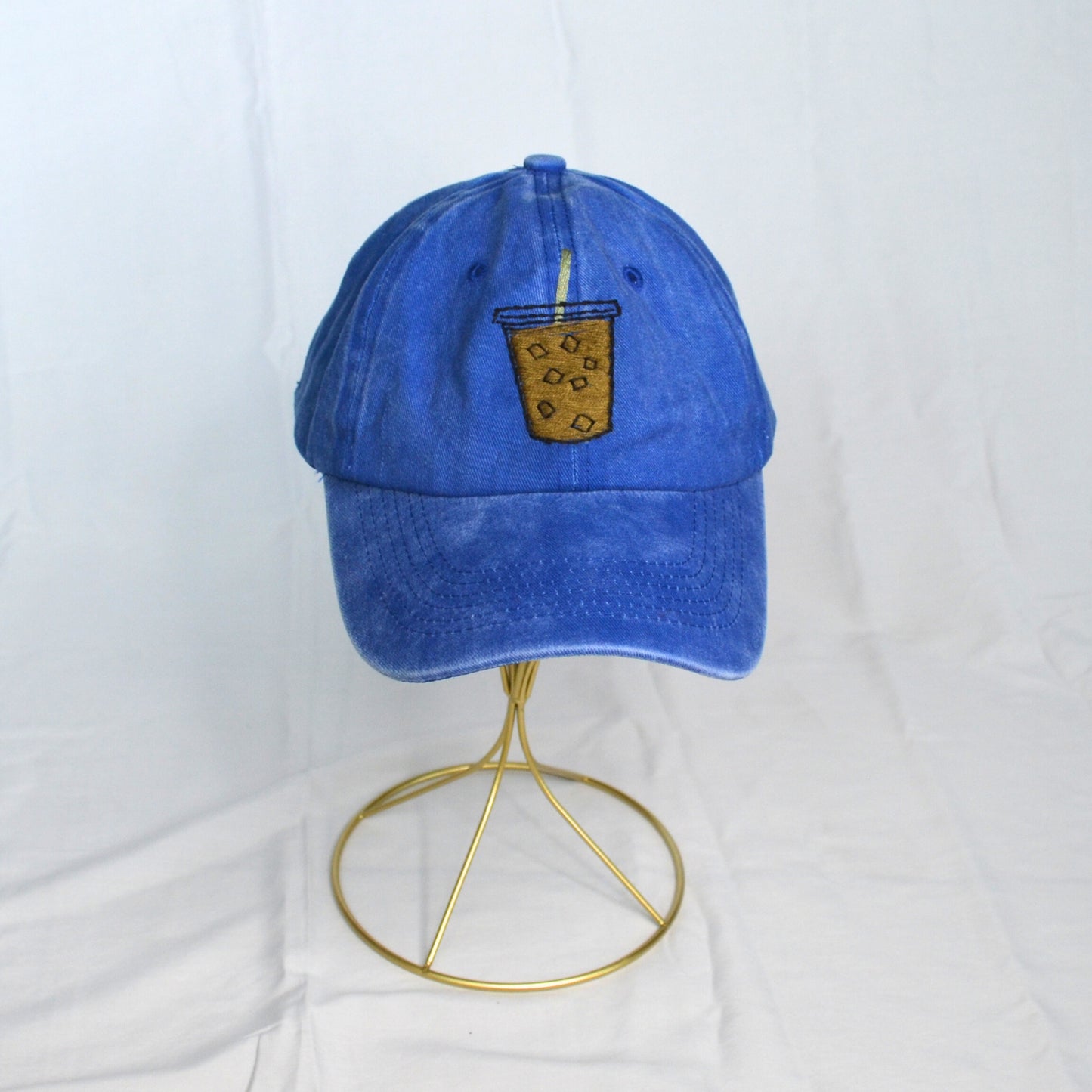 Cerulean Blue Hat with Iced Coffee Embroidery – Front View
