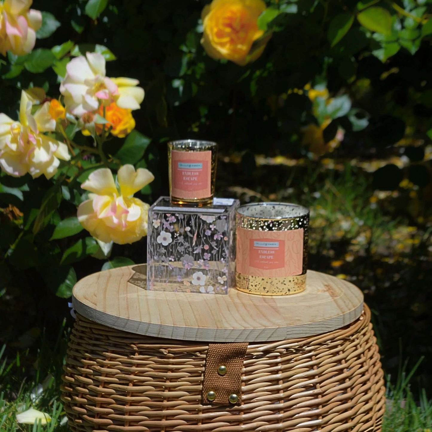 Thread & Ember Endless Escape candle trio displayed outdoors with blooming yellow roses, featuring gold speckled jars and floral-inspired packaging on a wicker basket.