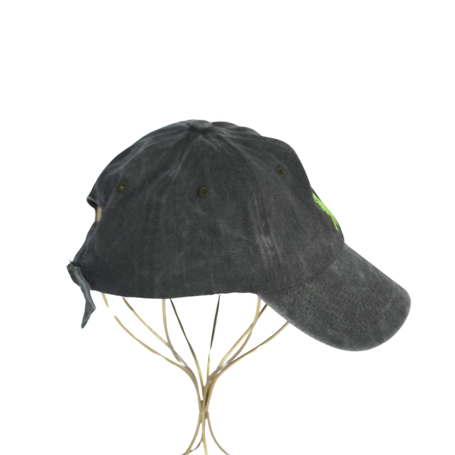 Right-side view of green hat featuring neon palm tree design.