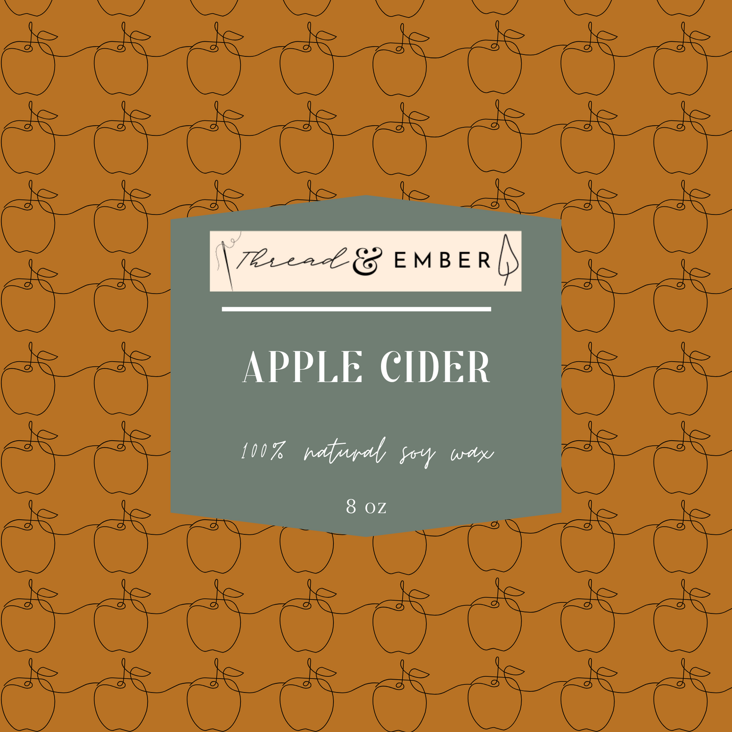 Close-up of the Thread & Ember Apple Cider Candle label, highlighting its 100% natural soy wax composition.