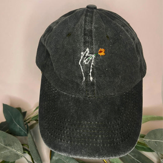 Green Hat Hand Holding Flower Embroidered Hats-Thread &Ember