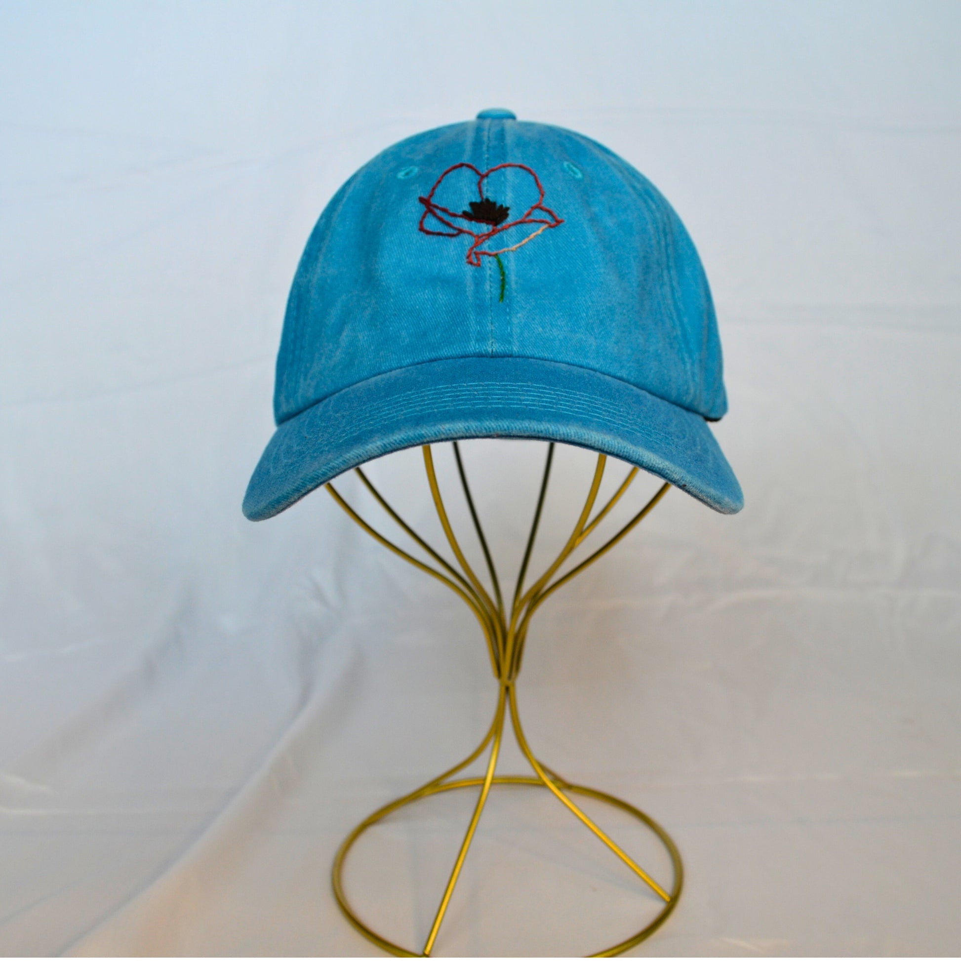 Sky Blue Baseball Hat Poppy Embroidered Hats-Thread & Ember