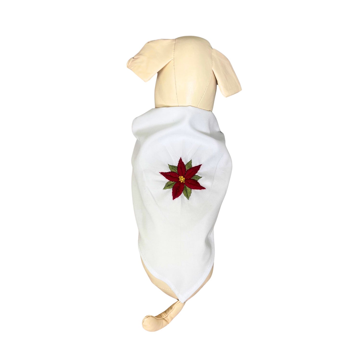 Festive white cotton bandana with red poinsettia embroidery, modeled on a dog against a clean white background.